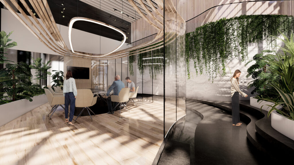 Biophilic meeting room with indoor greenery, hanging plants, and natural materials designed for well-being and sustainable office interiors