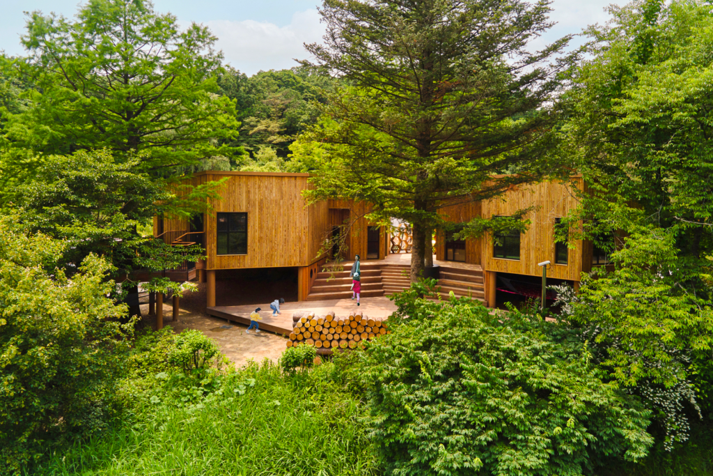 Biophilic school building integrated into forest landscape with natural materials and outdoor learning spaces