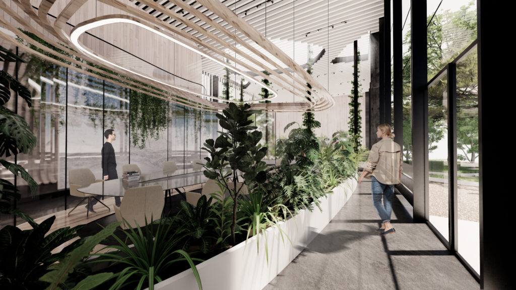 Biophilic office corridor with integrated planters, hanging greenery, and natural wood ceiling design creating a green workplace environment