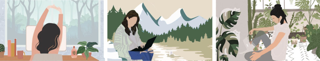 Illustrations of remote working in nature-inspired environments including forest, mountains, and plant-filled home office promoting well-being and flexibility