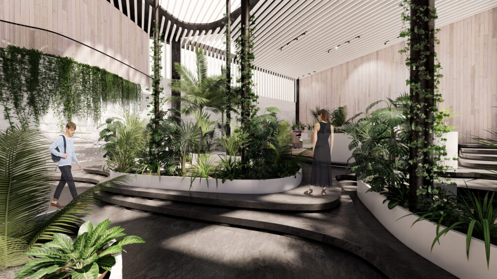 Biophilic office breakout space with lush indoor garden, layered planting, and organic pathways promoting well-being and collaboration