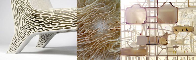 Biomimetic design examples including organic furniture, cellular structures, and modular architecture inspired by natural patterns