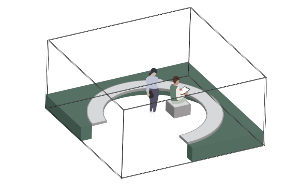 Circular seating arrangement with integrated planting in enclosed space, designed as a biophilic environment for social interaction