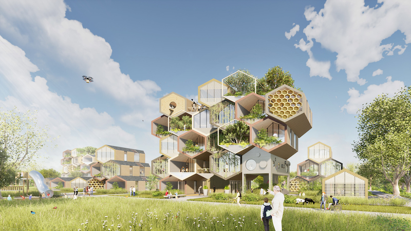 Biomimetic modular architecture inspired by honeycomb structures with integrated greenery and biophilic design