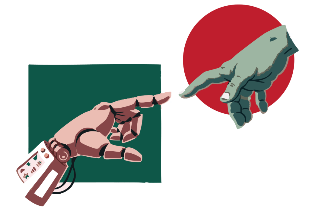 Illustration of a robotic hand and human hand reaching toward each other, symbolizing collaboration between artificial intelligence and human creativity