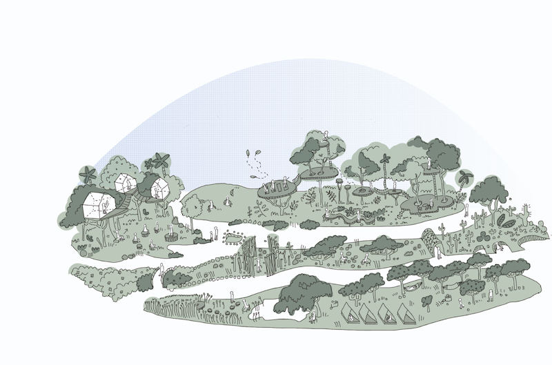 Indoor biodome garden with lush tropical planting, winding pathways, and immersive biophilic design environment