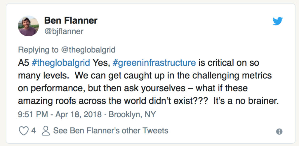Screenshot of a tweet by Ben Flanner advocating for green roofs with hashtags #TheGlobalGrid and #GreenRoofs