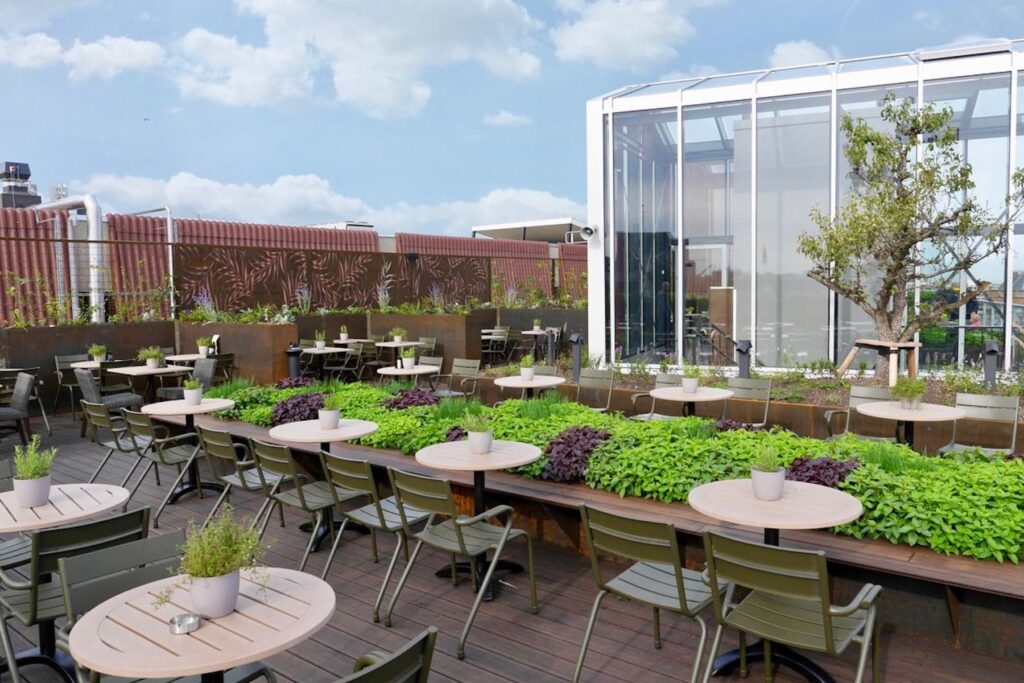 Intensive green roof on hospitality venue designed by MOSS Amsterdam providing shelter biodiversity and rainwater buffering