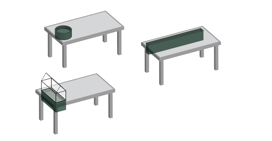 Table designs with integrated planting elements, illustrating small-scale biophilic design strategies for indoor environments