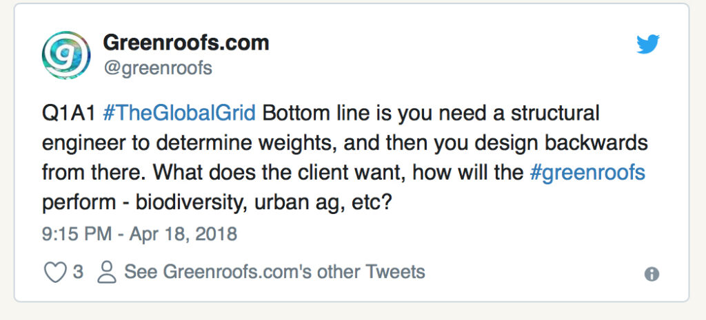 Screenshot of a tweet by Greenroofs.com promoting green roof initiatives with hashtags #TheGlobalGrid and #GreenRoofs