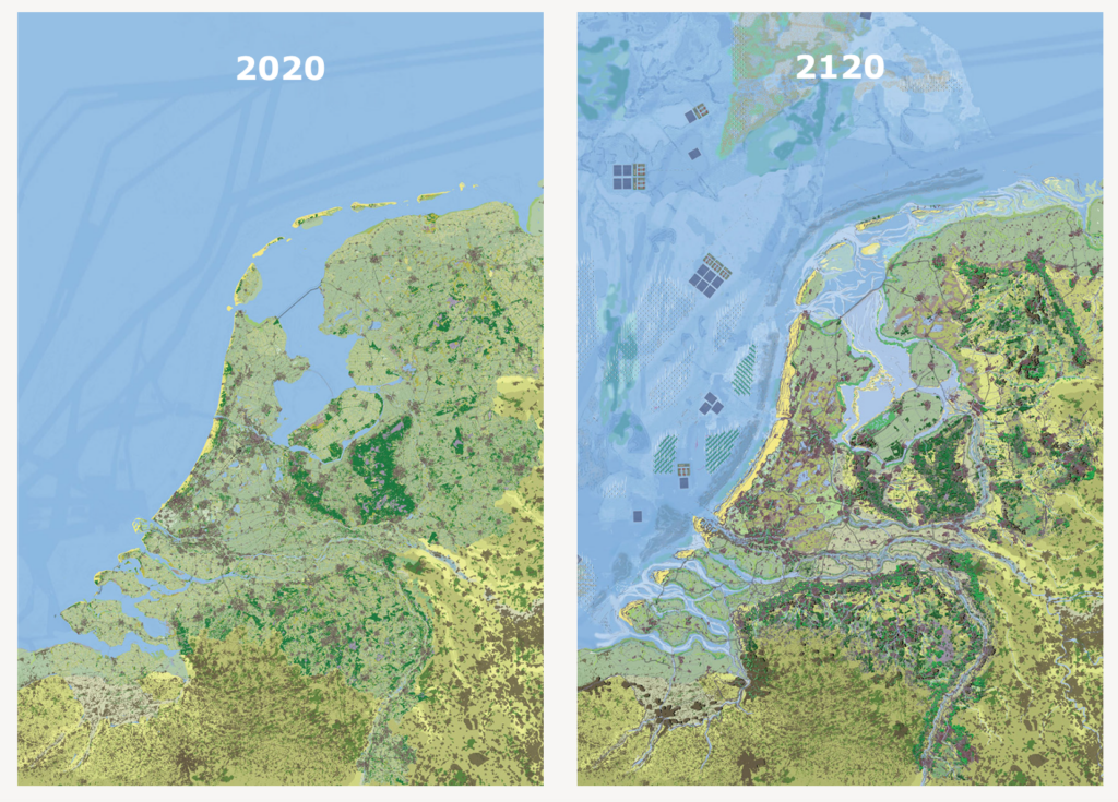 Conceptual diagram comparing urban landscape in 2020 and 2120, showing integration of green infrastructure and water management