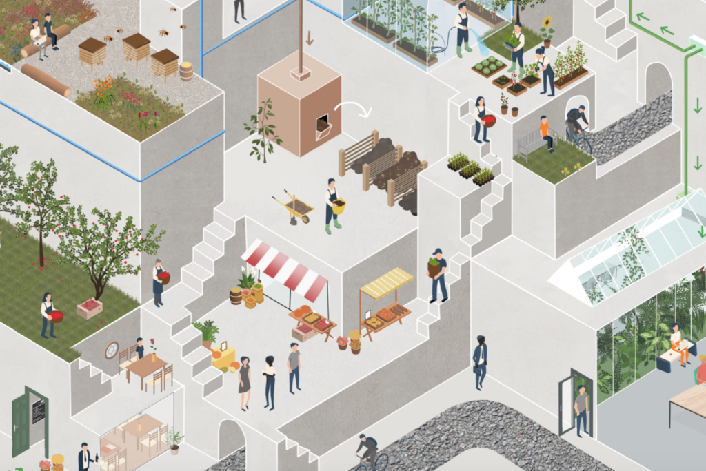 Architectural sketch showing social community garden greenhouse and edible green benefits of urban biophilic design by MOSS Amsterdam