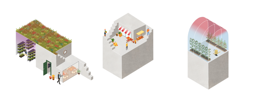 Architectural sketch of rooftop garden and greenhouse for growing edible plants and crops by MOSS Amsterdam green building design