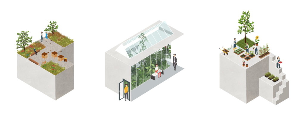 Architectural sketch showing social community garden greenhouse and edible green benefits of urban biophilic design by MOSS Amsterdam