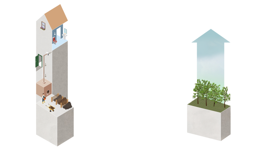 Architectural sketch of plants producing oxygen and contributing to natural cycles in green building design by MOSS Amsterdam
