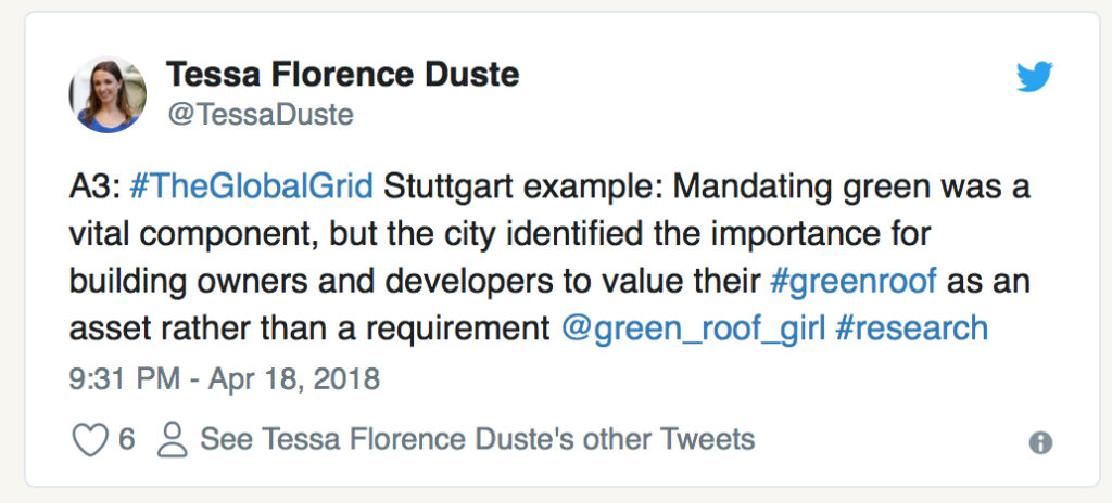 Screenshot of a tweet by Tessa Duste supporting green roofs with hashtags #TheGlobalGrid and #GreenRoofs
