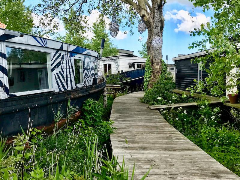 Sustainable urban development at De Ceuvel Amsterdam with houseboats, green pathways, and nature-inclusive design