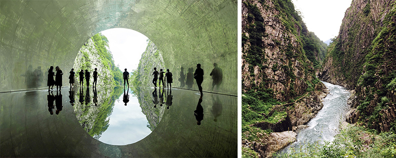 Kiyotsu Gorge Tunnel of Light installation by MAD Architects Japan reflecting landscape in water and mirror ceiling