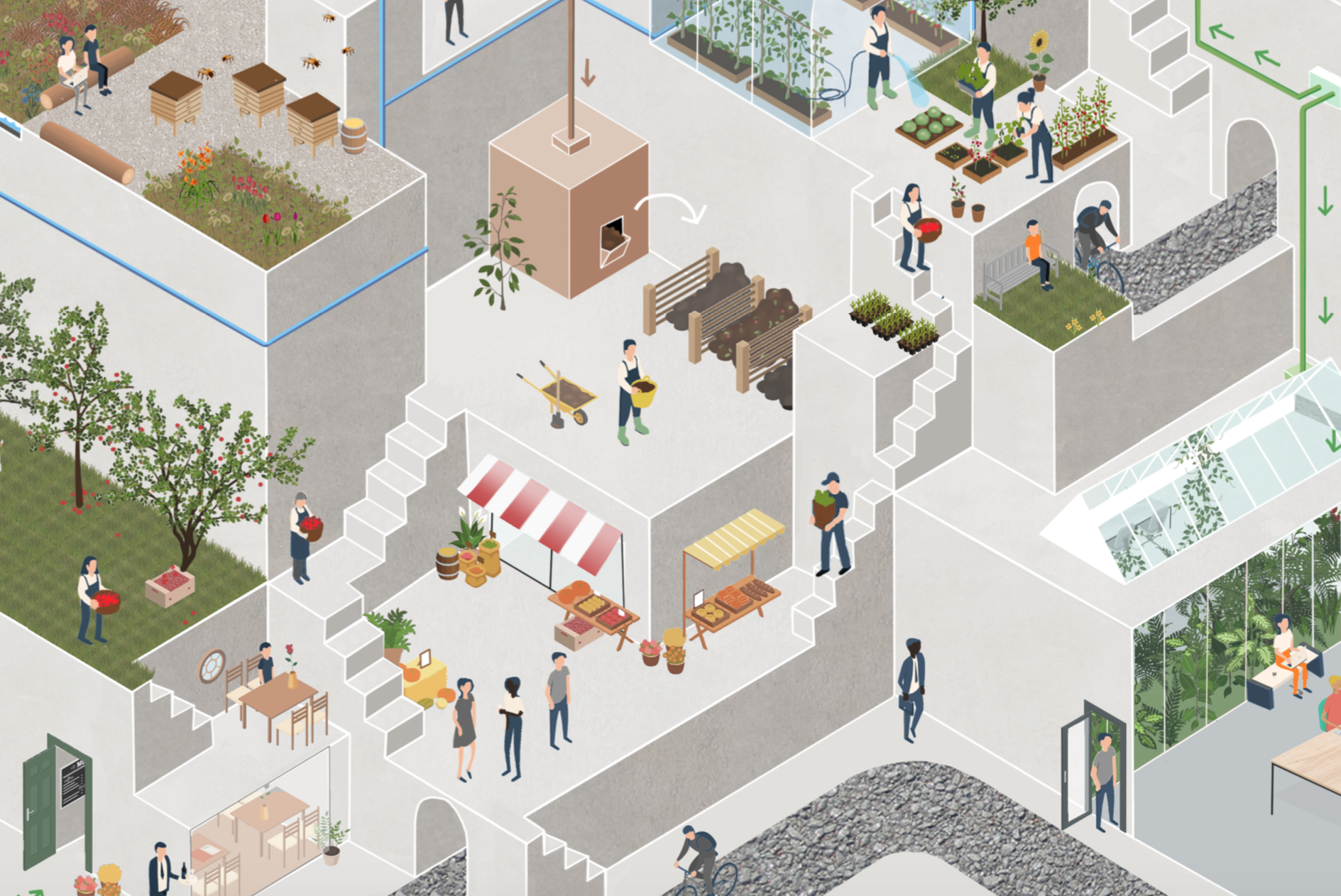 Architectural sketch showing social community garden greenhouse and edible green benefits of urban biophilic design by MOSS Amsterdam