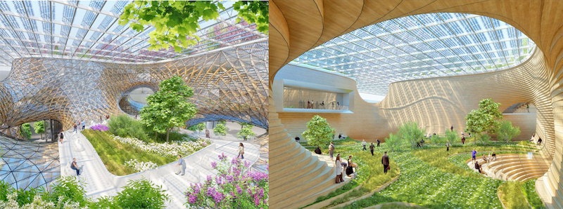 Biomimetic architecture with organic forms and integrated landscape, inspired by natural systems and biophilic design
