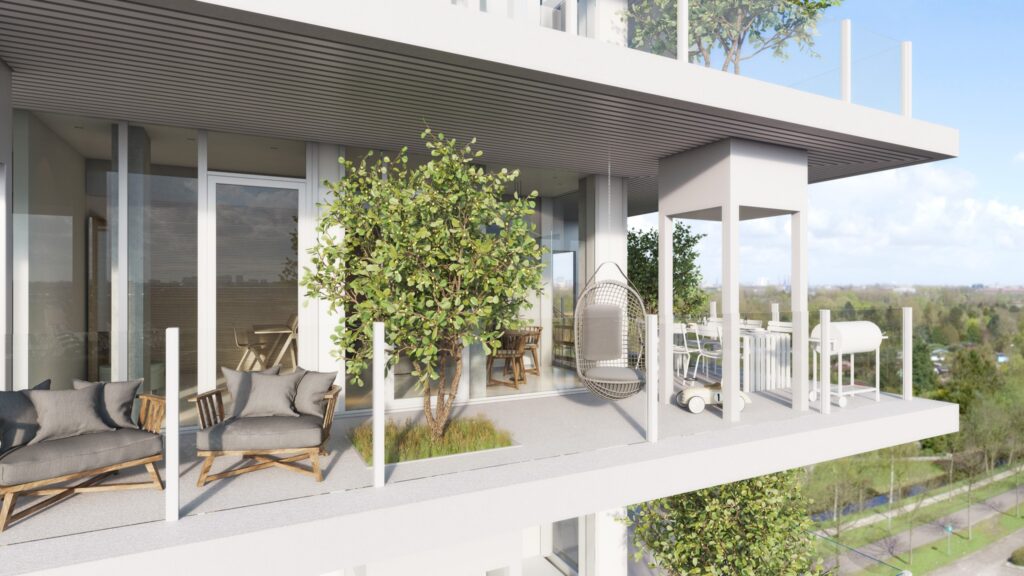 Biophilic balcony design with integrated tree planting and outdoor seating in a modern residential building, showcasing urban green architecture by MOSS Amsterdam