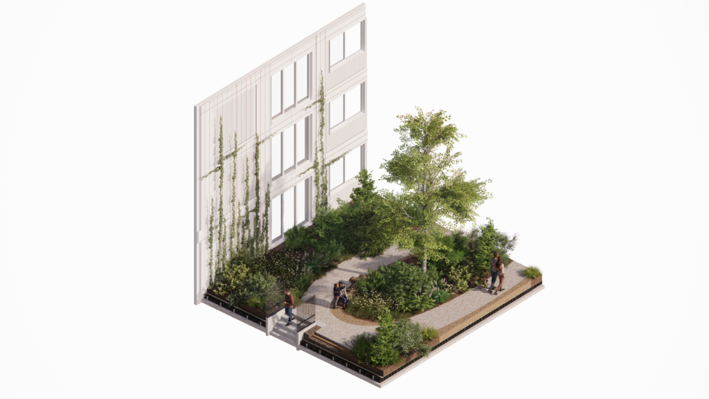 Landscape design sketch of winding garden path and layered planting at NDSM Embark