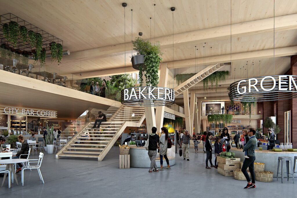 Render of a bakery counter beside an atrium staircase, with hanging plants and greenery along upper balconies.