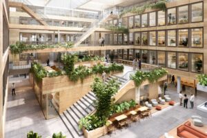 elevated render of a multilevel atrium with planted terraces, staircases, seating and a glazed roof.